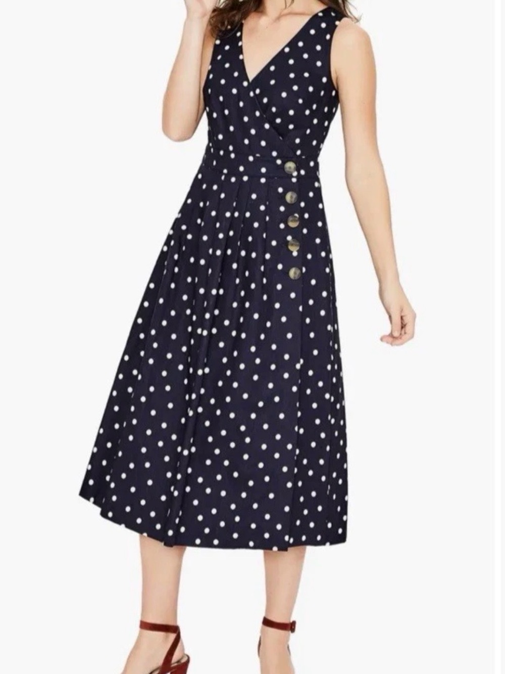 Boden Arwen Polka Dot V-Neck Midi Dress in Navy nwt 10R